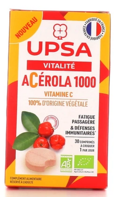 UPSA VITALITÉ ACÉROLA 1000 - Comprimé à croquer, complément alimentaire à base de poudre de jus d'acérola. - tube 2 x 15