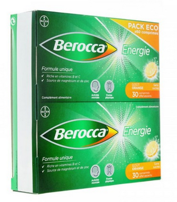 BEROCCA SANS SUCRE, comprimé effervescent édulcoré à l'aspartam et à l'acésulfame de potassium, boîte de 4 tubes de 15