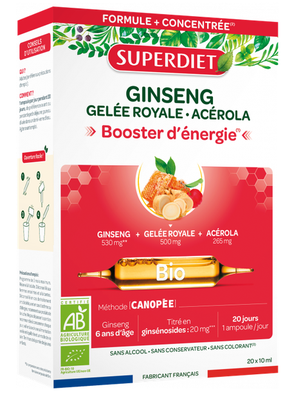 SUPERDIET GINSENG GELÉE ROYALE ACÉROLA BIO Solution buvable, complément alimentaire avec ginseng, gelée royale et acérola. - Boîte 20 ampoules de 10 ml